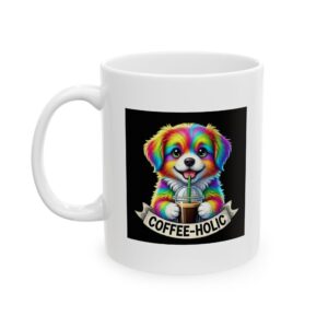 Neon Skull Art Dog Puppy Coffee Mug | 11oz Rainbow Ceramic Cup | Edgy Gift for Dog Moms & Dads