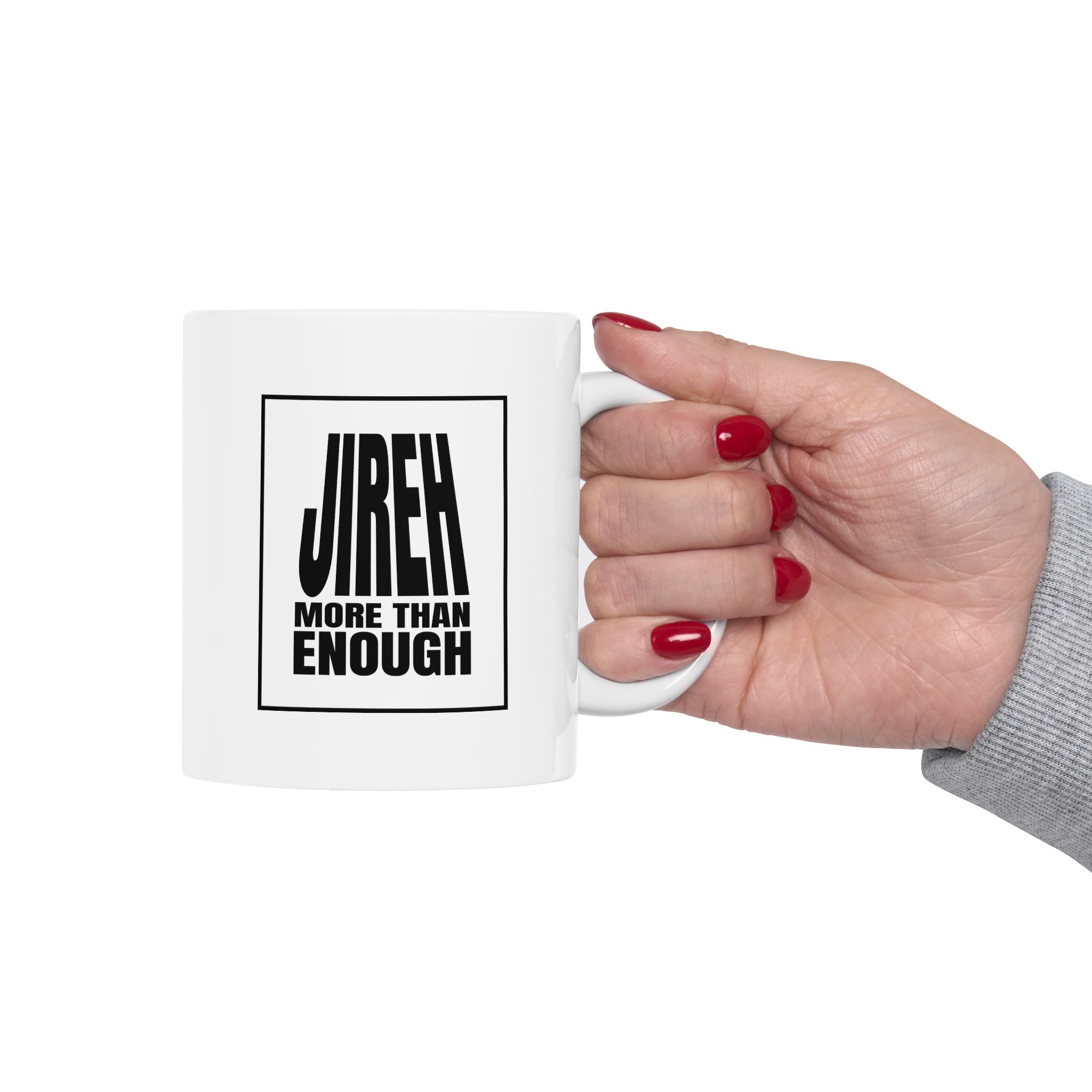 Jireh More Than Enough Classic Ceramic Coffee Mug | Minimal Black Logo | 11oz – Lead & BPA-Free Dishwasher Safe - Image 4