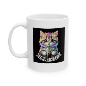 Neon Funny Skull Art Cat Mug | 11oz Rainbow Ceramic Coffee Cup | Fade-Resistant & Dishwasher Safe | Edgy Gift
